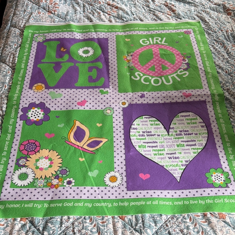 Girl Scouts Green Fabric piece with Love and Peace Design